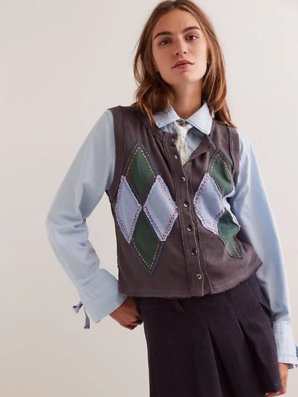 Free People We The Free Brown Argyle Patch Stitch Button Sleeveless Vest XS NWT